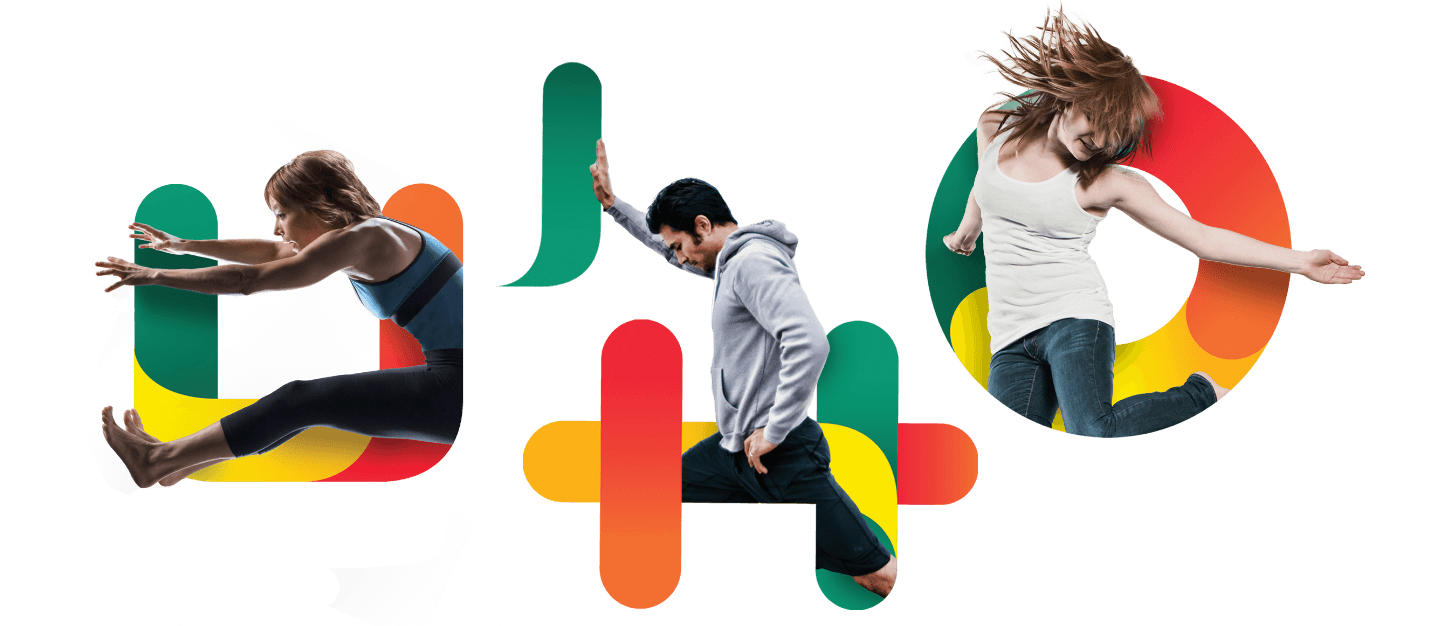 visual lock up of graphic devices with human movement including a man leaping forward, a man stretching and a woman jumping