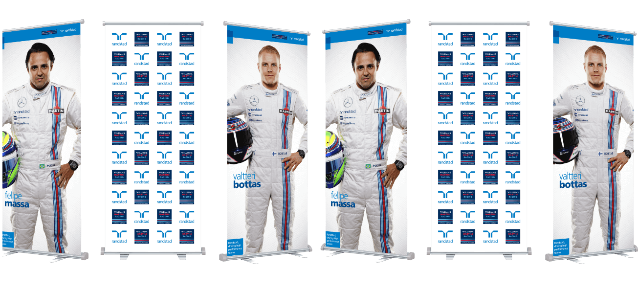 Williams racing pull up banners with Randstad branding