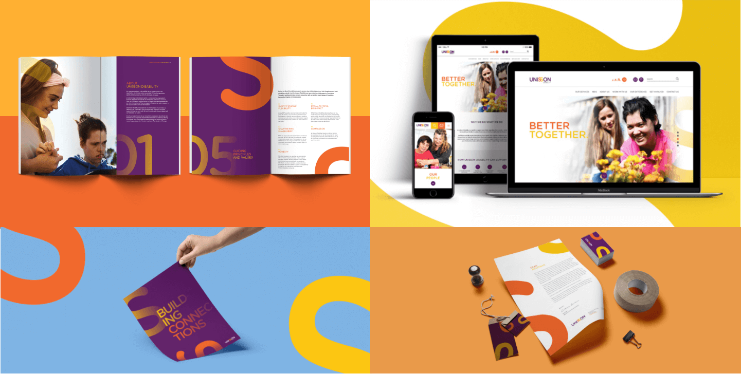 examples of brand designs including corporate brochure, the website across various devices, poster design and branded stationery