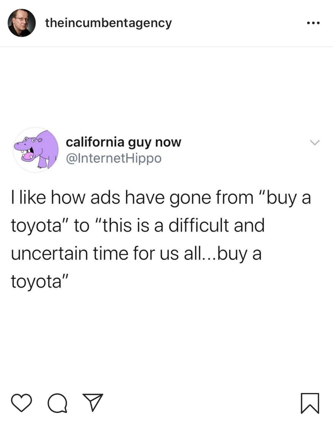 Customer empathy meme: I like how ads have gone from "buy a car" to "this is a difficult and uncertain time for us all... buy a car".